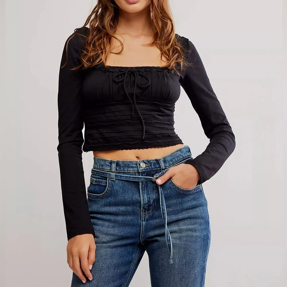 FREE PEOPLE Scarlet Smocked Top Black NWT Size Medium Romantic Boho Blouse